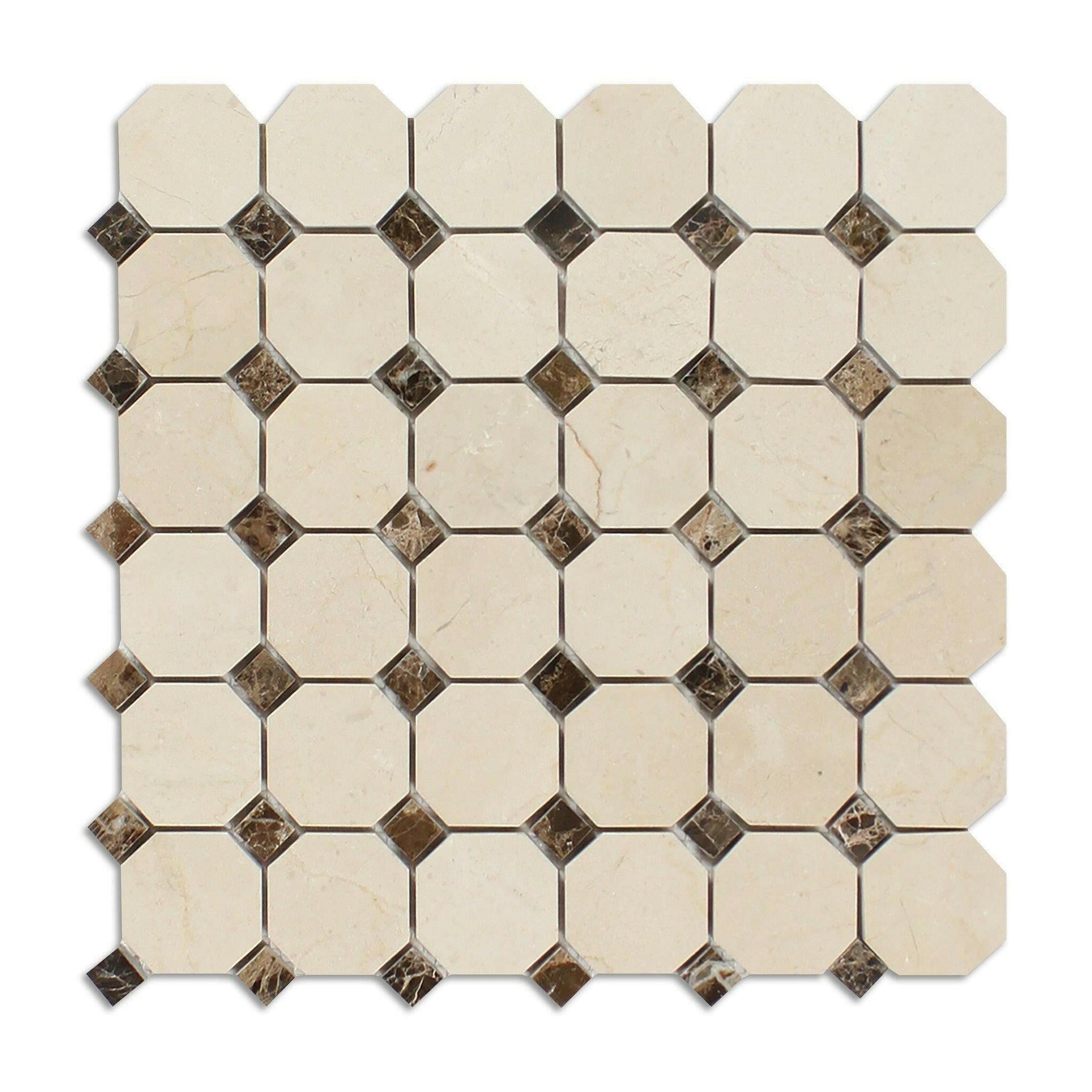 Crema Marfil Marble Honed Octagon Mosaic Tile w/ Emperador Dark Dots-American Tile Depot