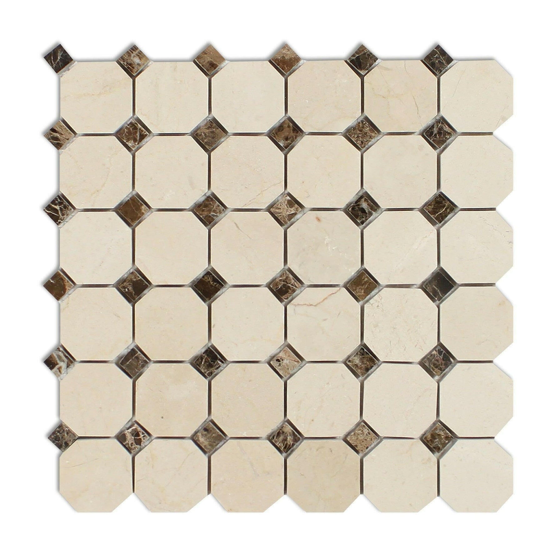 Crema Marfil Marble Honed Octagon Mosaic Tile w/ Emperador Dark Dots-American Tile Depot