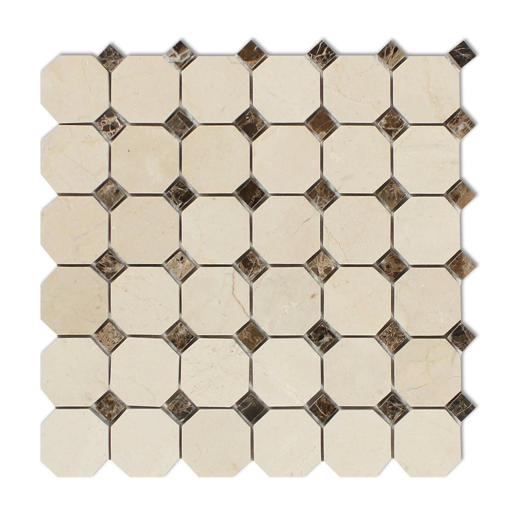 Crema Marfil Marble Honed Octagon Mosaic Tile w/ Emperador Dark Dots-American Tile Depot