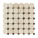 Crema Marfil Marble Honed Octagon Mosaic Tile w/ Emperador Dark Dots-American Tile Depot
