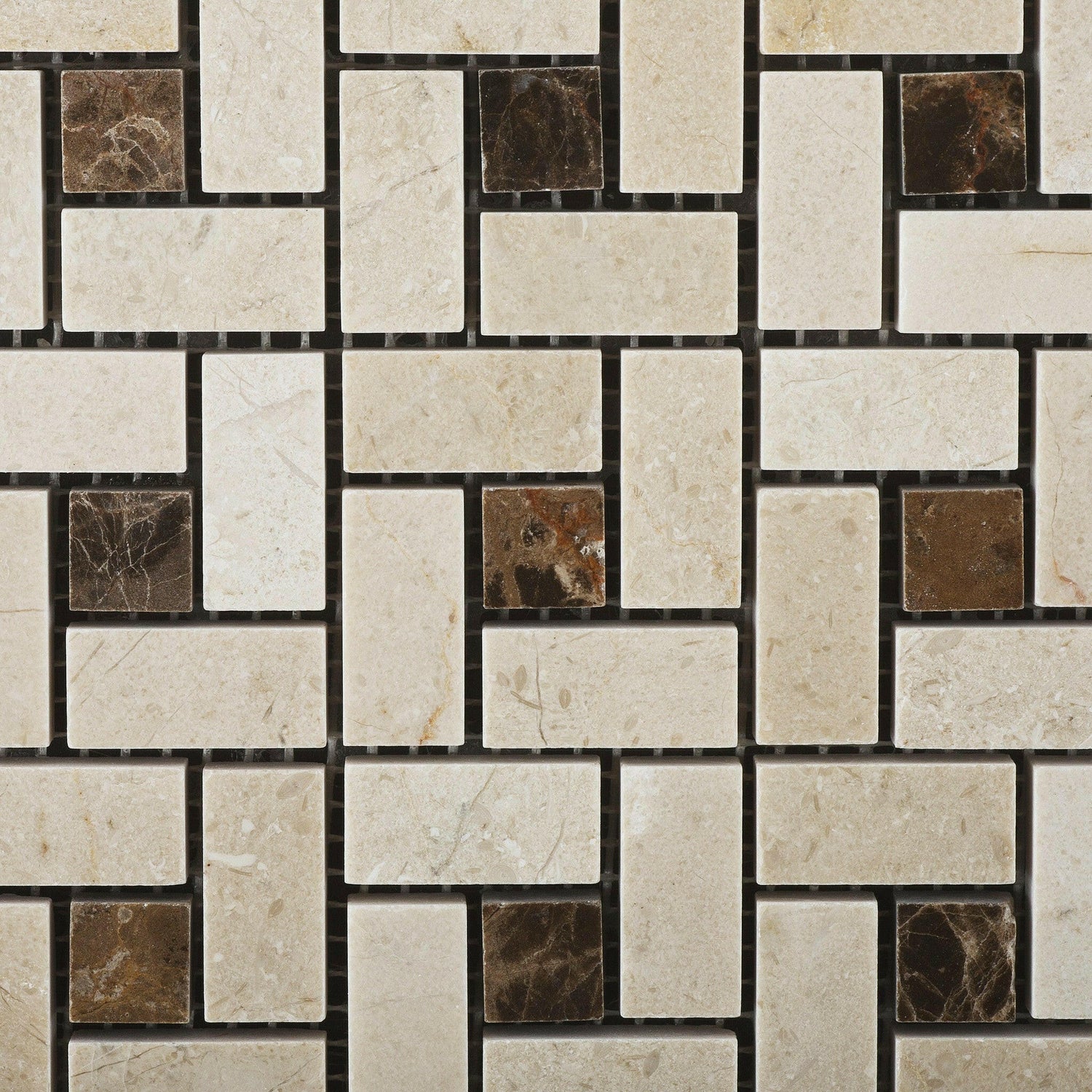 Crema Marfil Marble Polished Pinwheel Mosaic Tile w/ Emperador Dark Dots-American Tile Depot