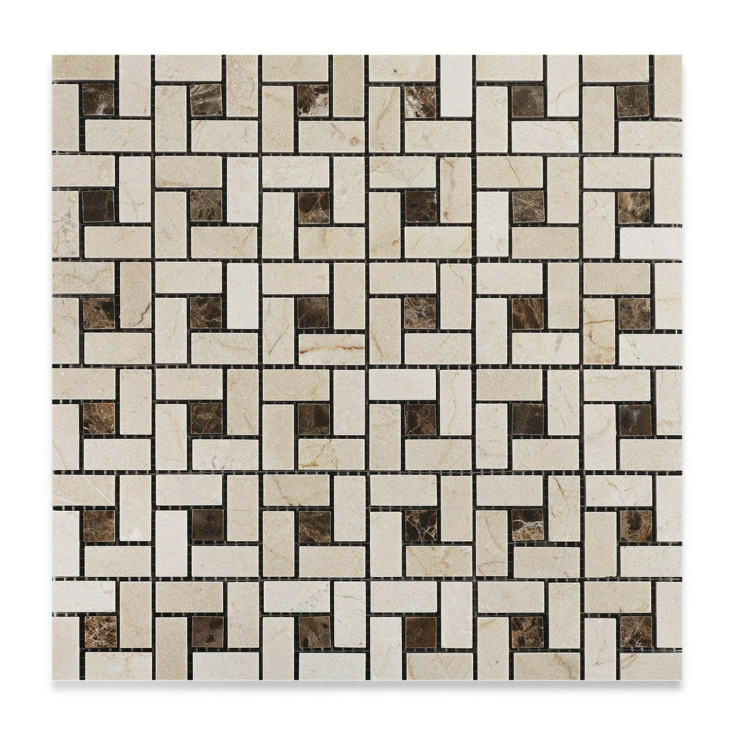 Crema Marfil Marble Polished Pinwheel Mosaic Tile w/ Emperador Dark Dots-American Tile Depot