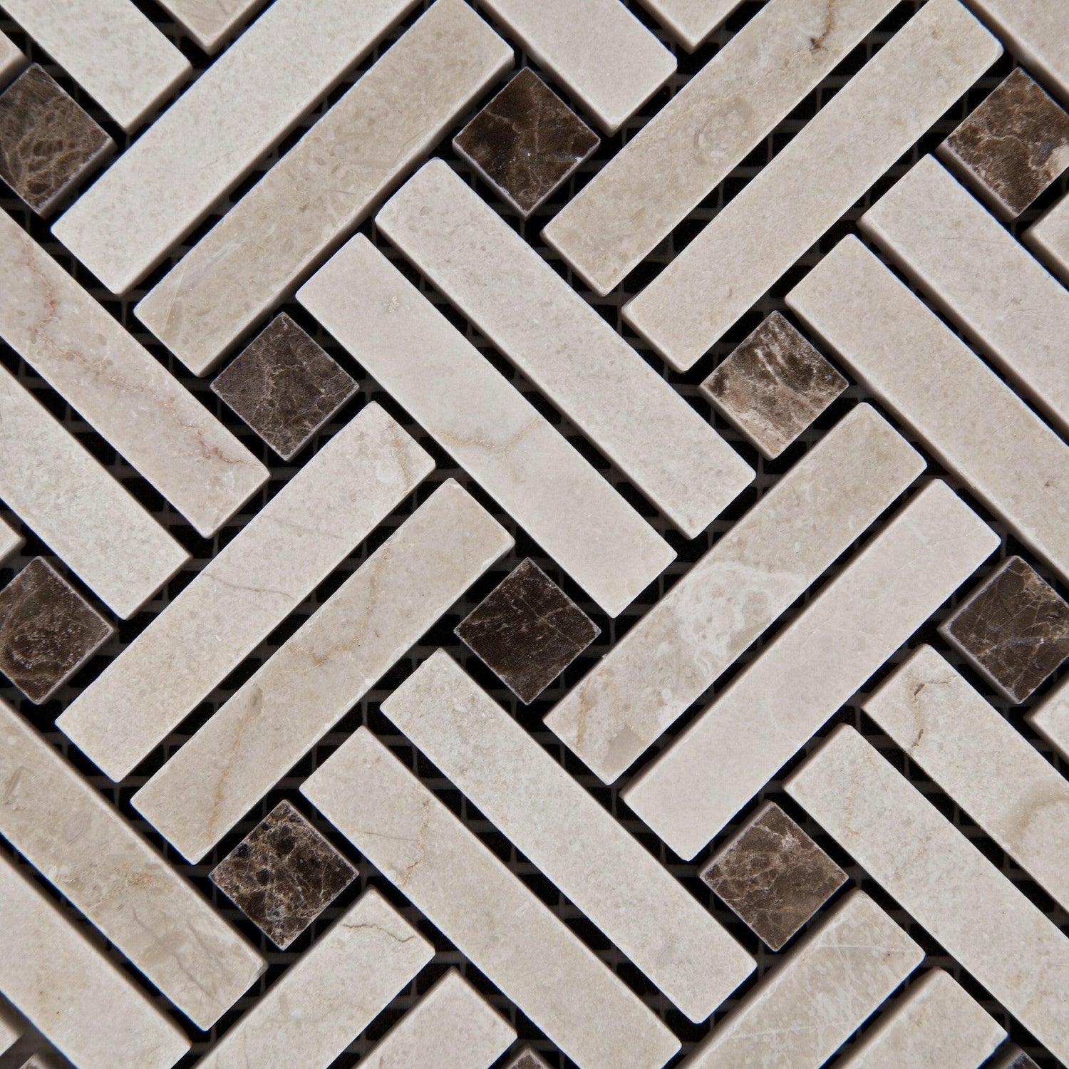 Crema Marfil Marble Polished Stanza Basketweave Mosaic Tile w/ Emperador Dark Dots-American Tile Depot