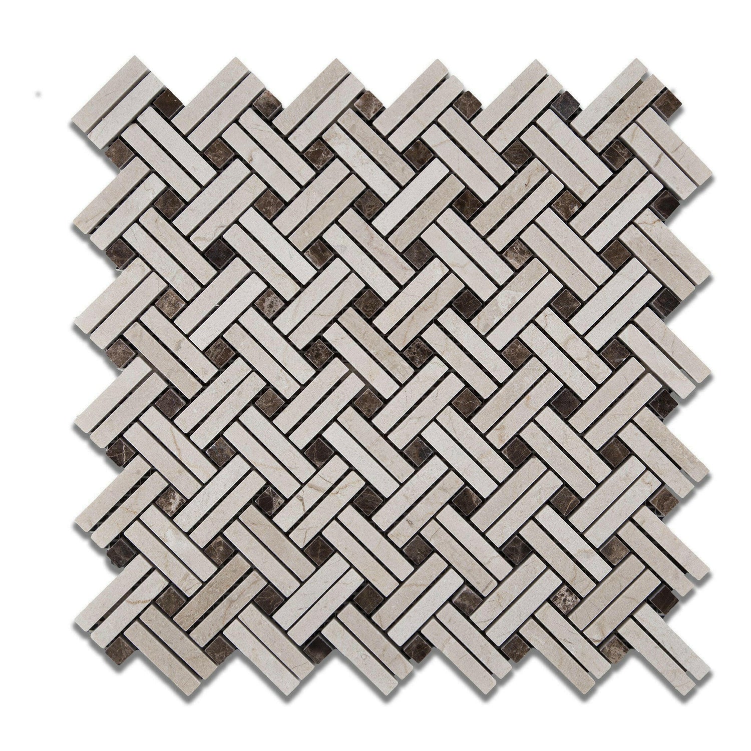 Crema Marfil Marble Polished Stanza Basketweave Mosaic Tile w/ Emperador Dark Dots-American Tile Depot