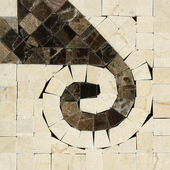 Crema Marfil Marble Polished Wave Border Corner Listello w/ Emperador Dark Dots