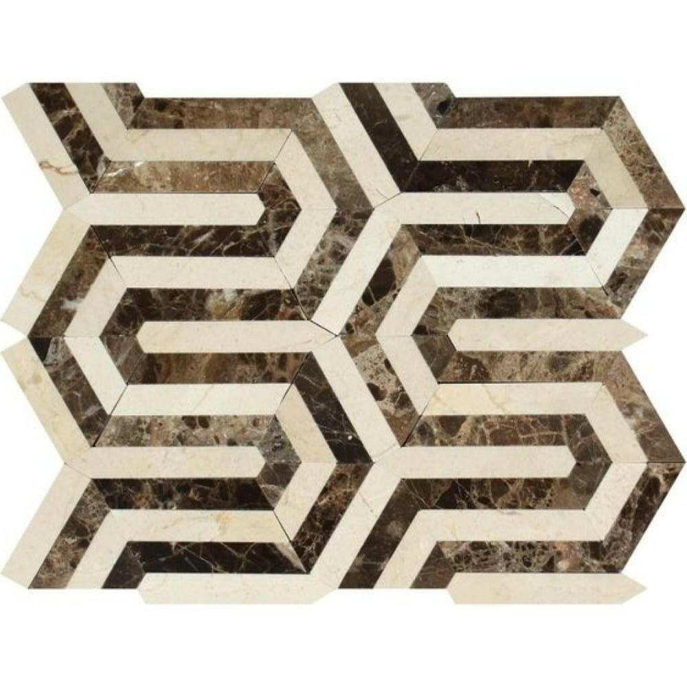 Emperador Dark Marble Polished Berlinetta Mosaic Tile w/ Crema Marfil-American Tile Depot