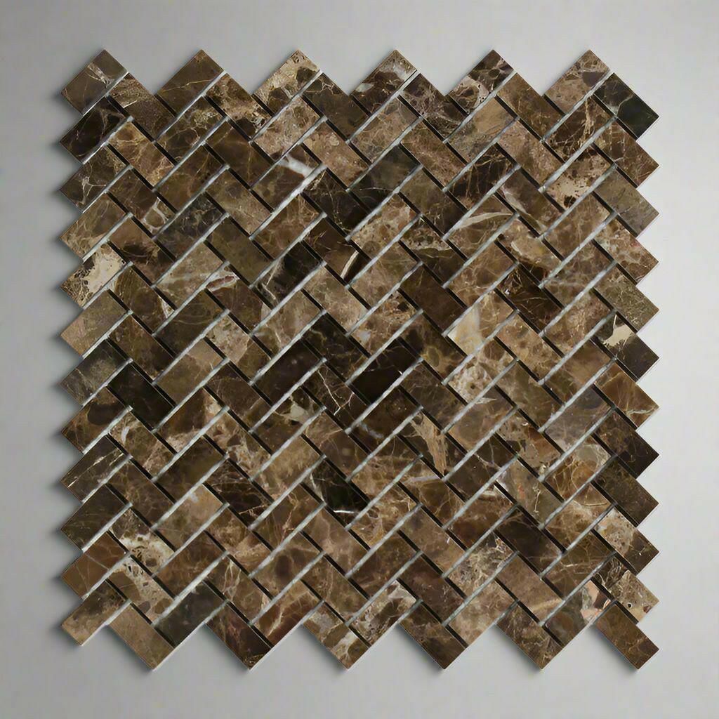 Emperador Dark Marble Polished Mini Herringbone Mosaic Tile-American Tile Depot