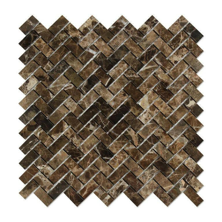 Emperador Dark Marble Polished Mini Herringbone Mosaic Tile-American Tile Depot