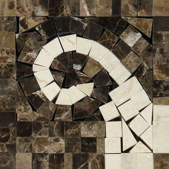 Emperador Dark Marble Polished Wave Border Corner Listello w/ Crema Marfil Dots