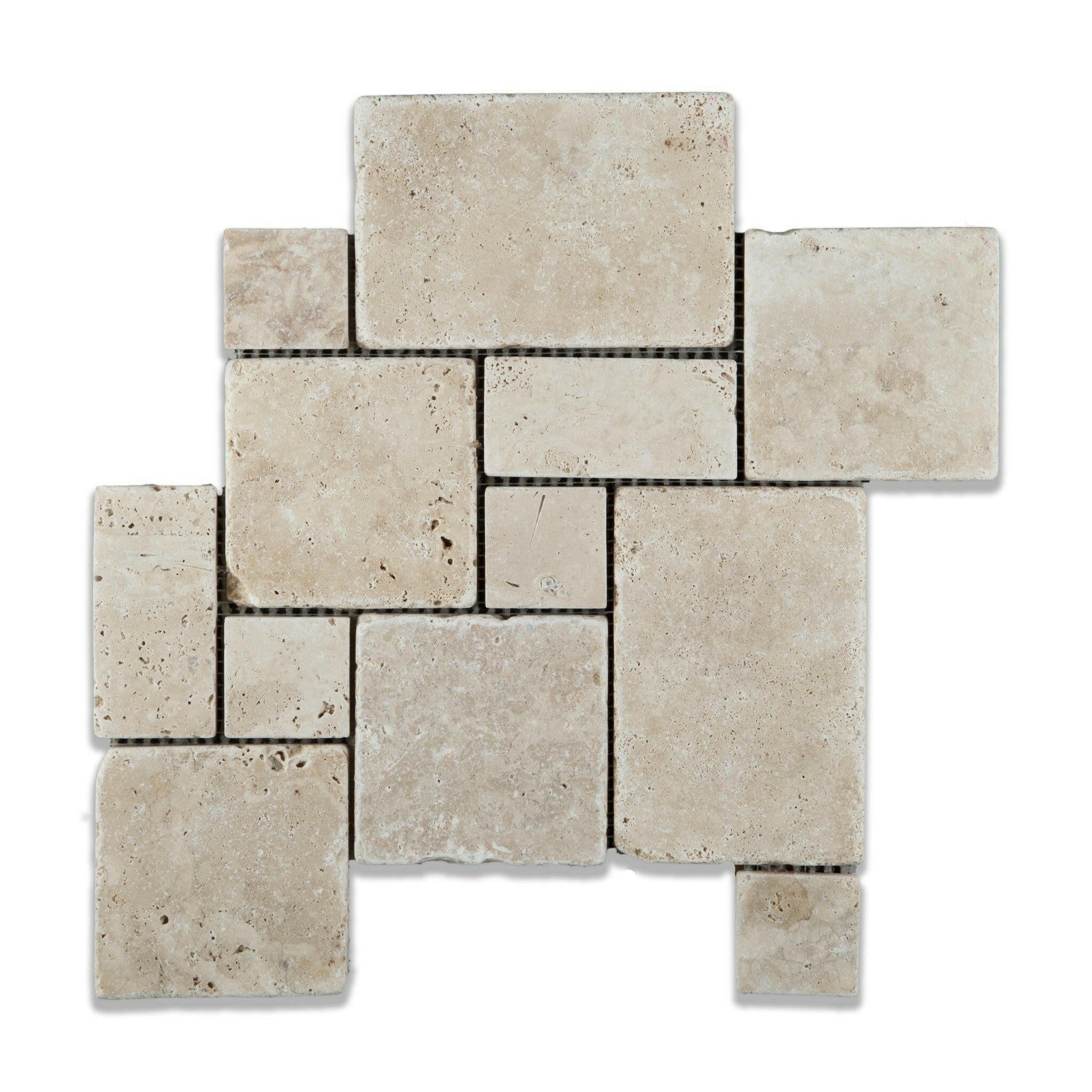 Ivory Travertine 4-Pieced OPUS Mini-Pattern Tumbled Mosaic Tile ...