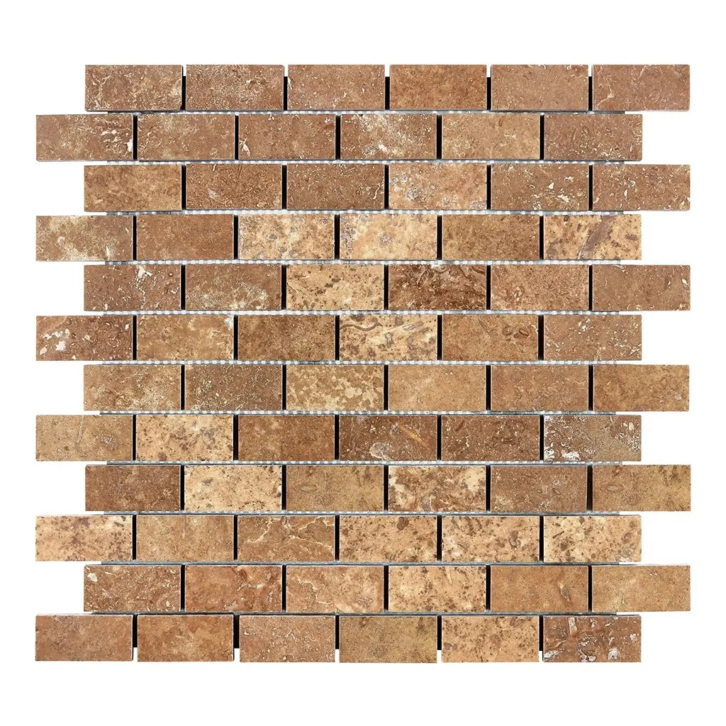 1x2 Noce Travertine Filled & Honed Brick Mosaic Tile