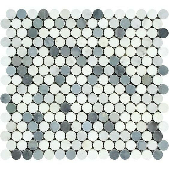 Oriental White / Asian Statuary Marble Honed Penny Round Mosaic Tile w / Blue Gray Dots-American Tile Depot