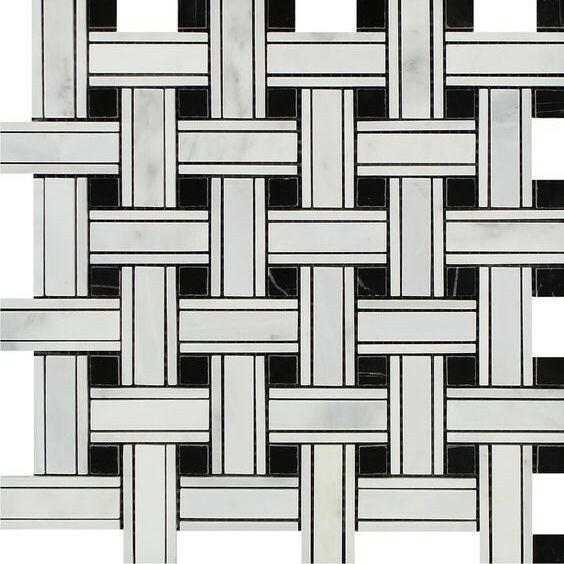 Oriental White / Asian Statuary Marble Honed Triple Weave Mosaic Tile w / Black Dots-American Tile Depot