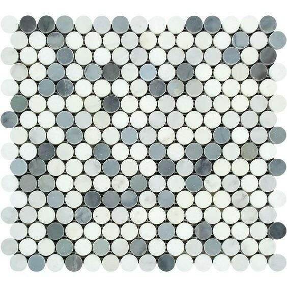 Oriental White / Asian Statuary Marble Polished Penny Round Mosaic Tile w / Blue Gray Dots-American Tile Depot