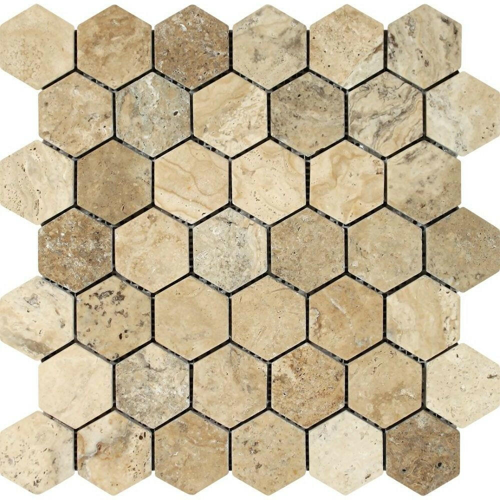 Philadelphia Travertine Tumbled 2'' Hexagon Mosaic Tile-American Tile Depot