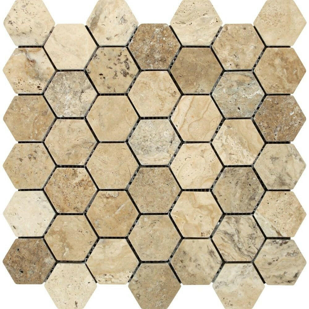 Philadelphia Travertine Tumbled 2'' Hexagon Mosaic Tile-American Tile Depot