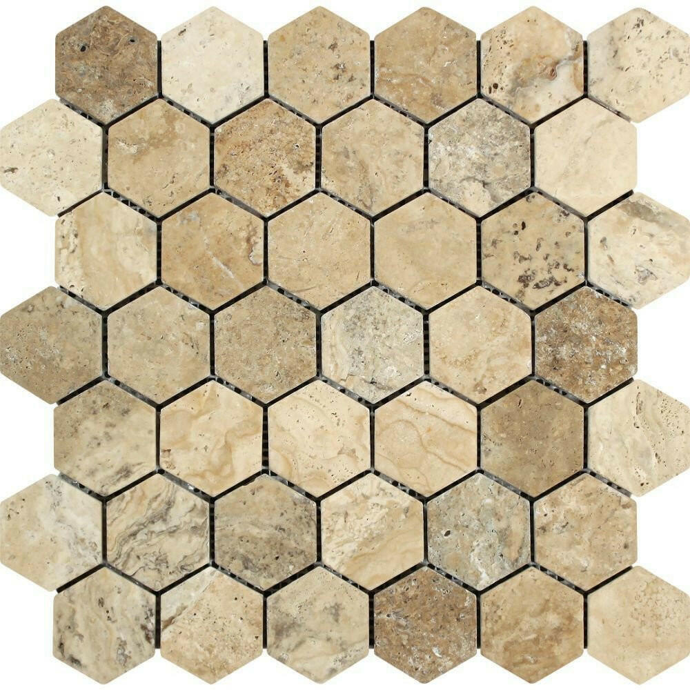 Philadelphia Travertine Tumbled 2'' Hexagon Mosaic Tile-American Tile Depot