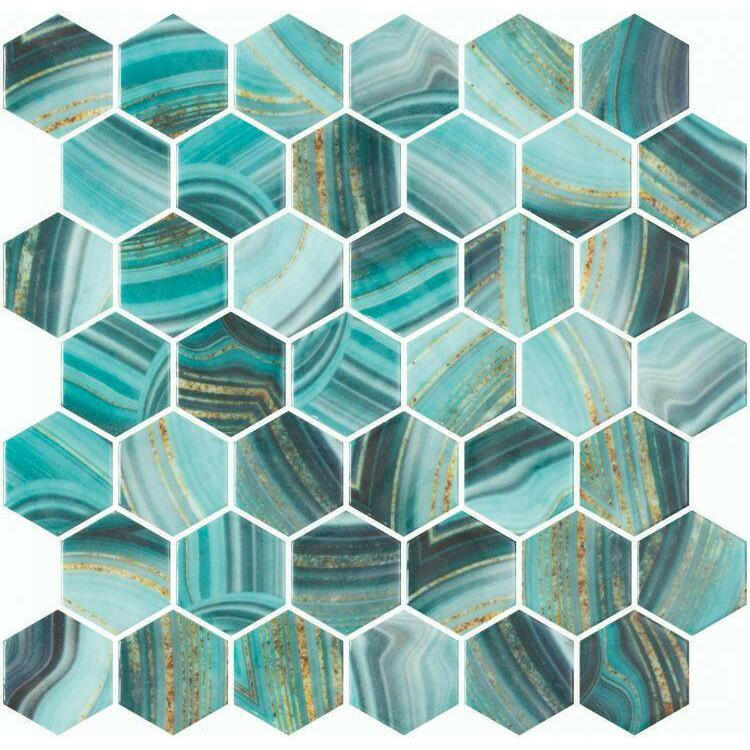 Phoenix Marbling Teal Polished Hexagon Glass Mosaic Tile - American Tile Depot