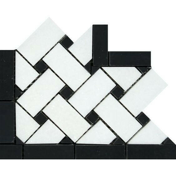 Thassos White Marble Honed Basketweave Border Corner w / Black Dots-American Tile Depot