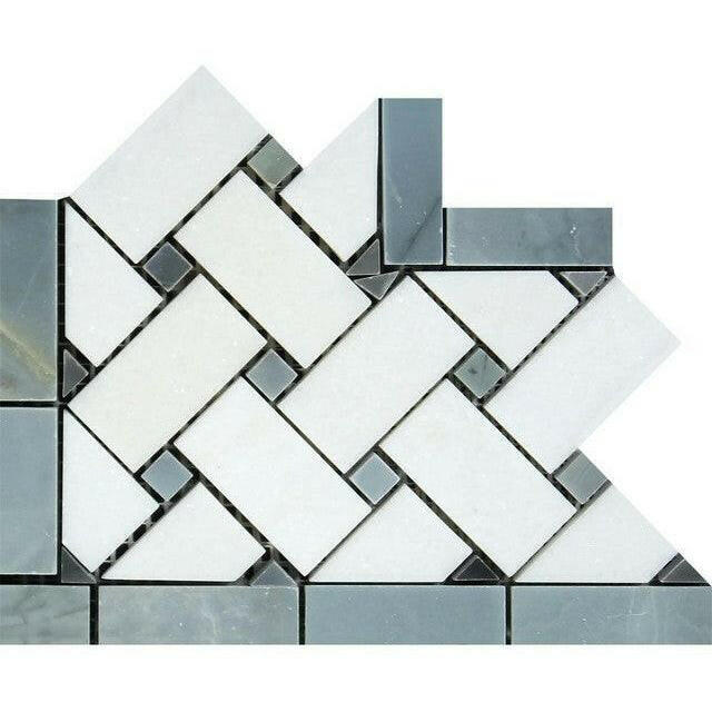Thassos White Marble Honed Basketweave Border Corner w / Blue-Gray Dots-American Tile Depot