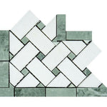 Thassos White Marble Honed Basketweave Border Corner w / Ming-Green Dots-American Tile Depot