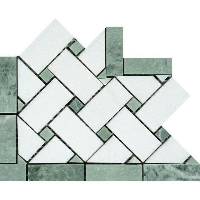 Thassos White Marble Honed Basketweave Border Corner w / Ming-Green Dots-American Tile Depot