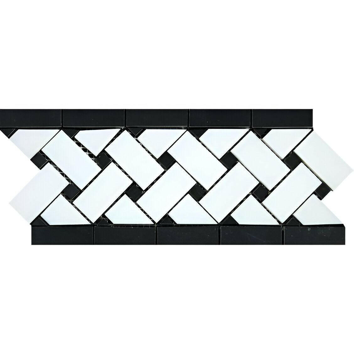 Thassos White Marble Honed Basketweave Border Listello w / Black Dots-American Tile Depot