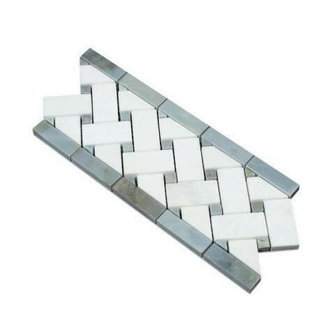 Thassos White Marble Honed Basketweave Border Listello w / Blue-Gray Dots-American Tile Depot