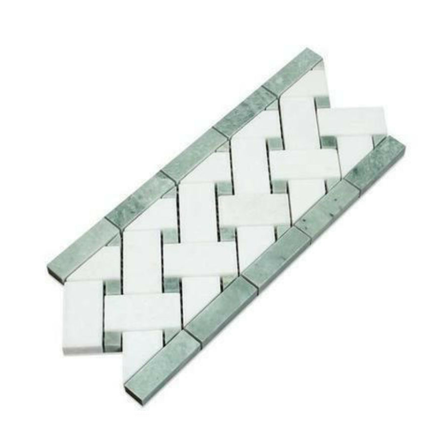 Thassos White Marble Honed Basketweave Border Listello w/ Ming Green Dots - American Tile Depot