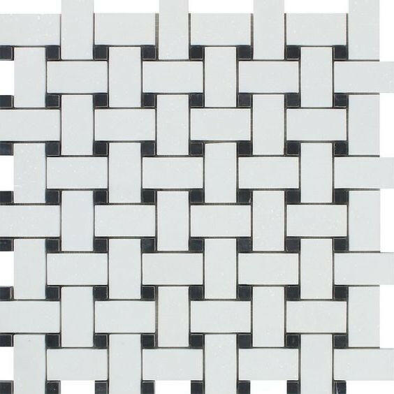 Thassos White Marble Honed Basketweave Mosaic Tile w/ Black Dots-American Tile Depot