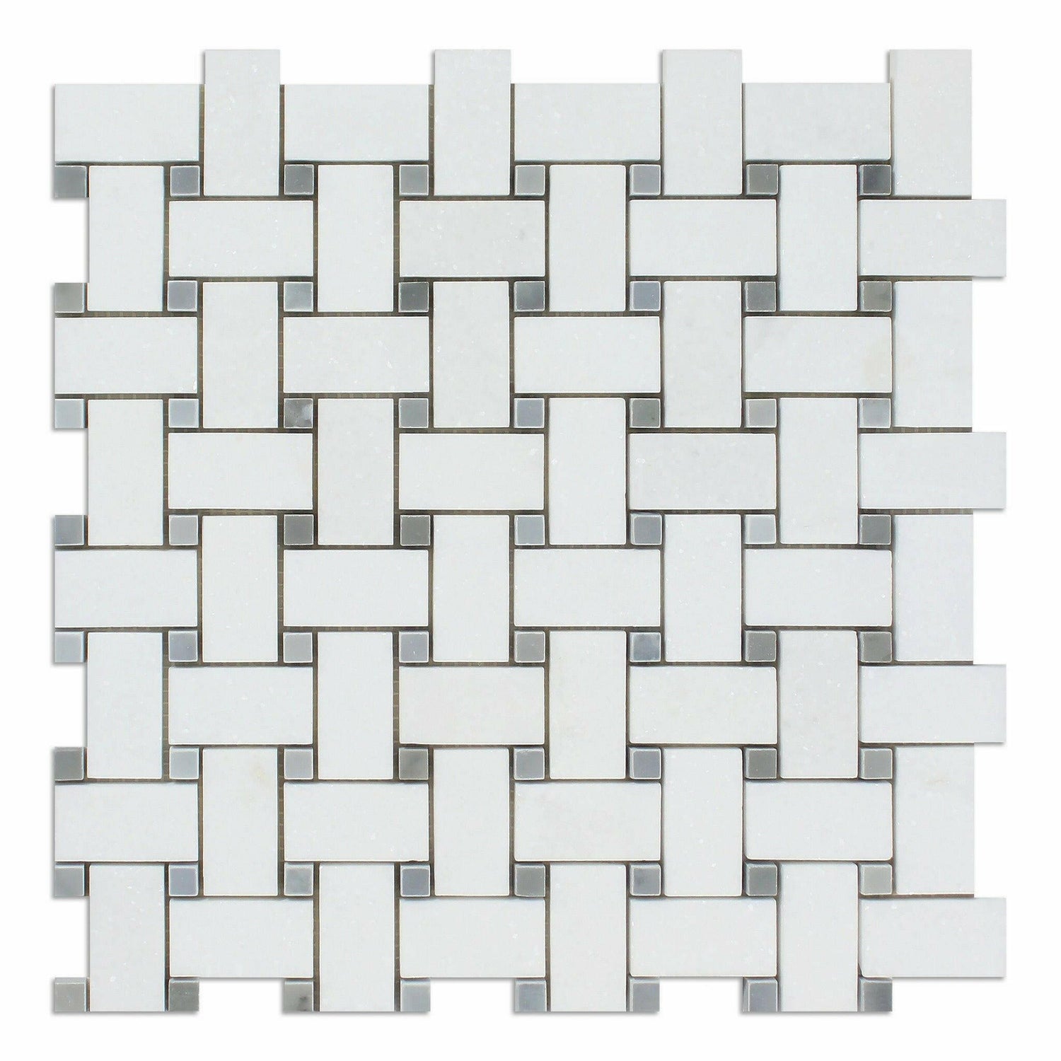 Thassos White Marble Honed Basketweave Mosaic Tile w/ Blue-Gray Dots-American Tile Depot