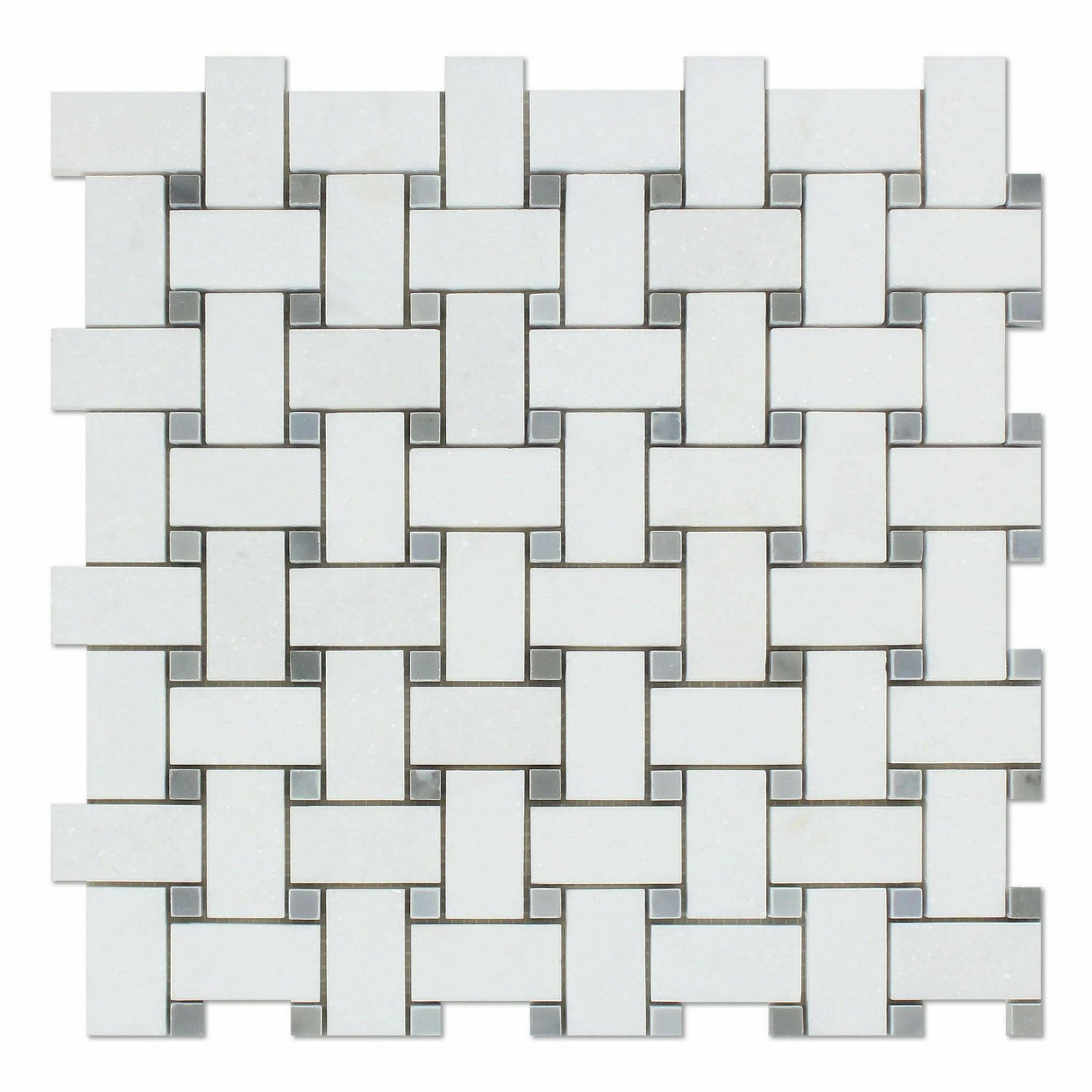 Thassos White Marble Honed Basketweave Mosaic Tile w/ Blue-Gray Dots-American Tile Depot