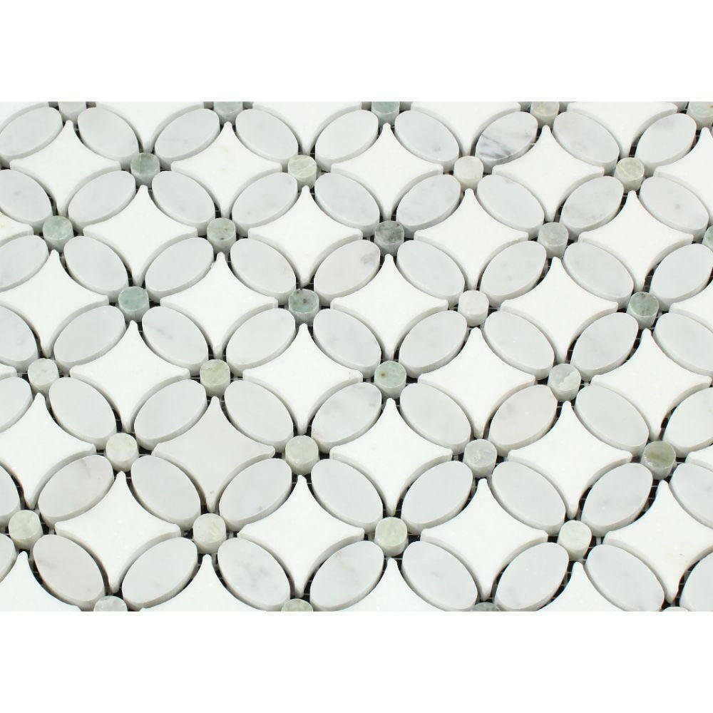 Thassos White Marble Honed Florida Flower Mosaic Tile w/ Ming Green Dots-American Tile Depot