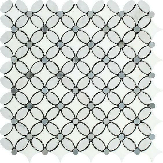 Thassos White Marble Honed Florida Flower Mosaic Tile w/Blue Gray Dots-American Tile Depot