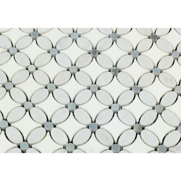 Thassos White Marble Honed Florida Flower Mosaic Tile w/Blue Gray Dots-American Tile Depot