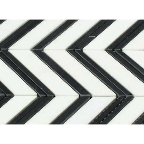 Thassos White Marble Honed Large Chevron Mosaic Tile w / Black Dots Strips-American Tile Depot