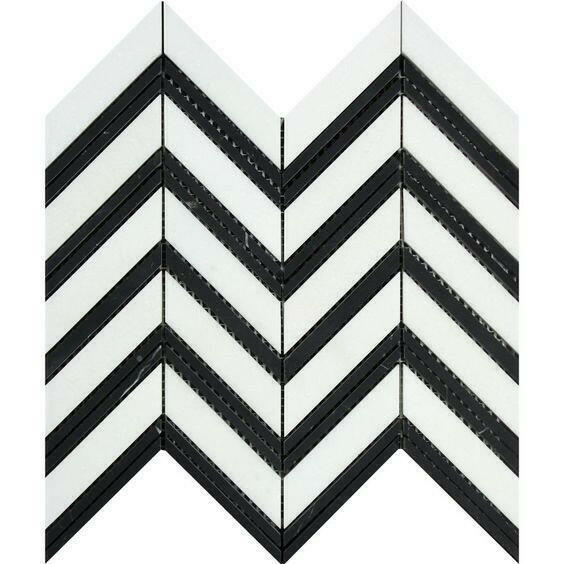 Thassos White Marble Honed Large Chevron Mosaic Tile w / Black Dots Strips-American Tile Depot