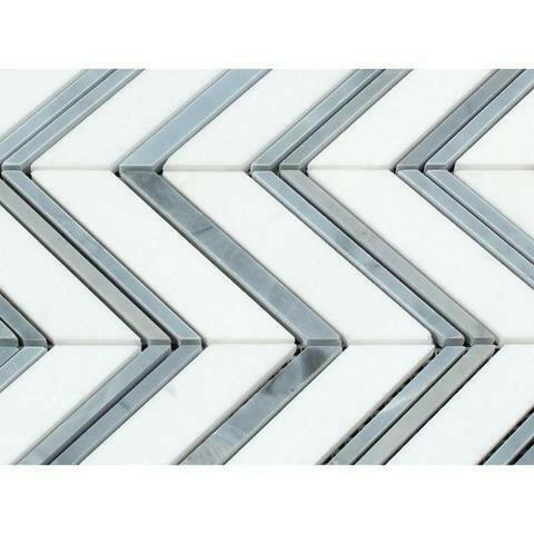 Thassos White Marble Honed Large Chevron Mosaic Tile w / Blue-Gray Dots Strips-American Tile Depot