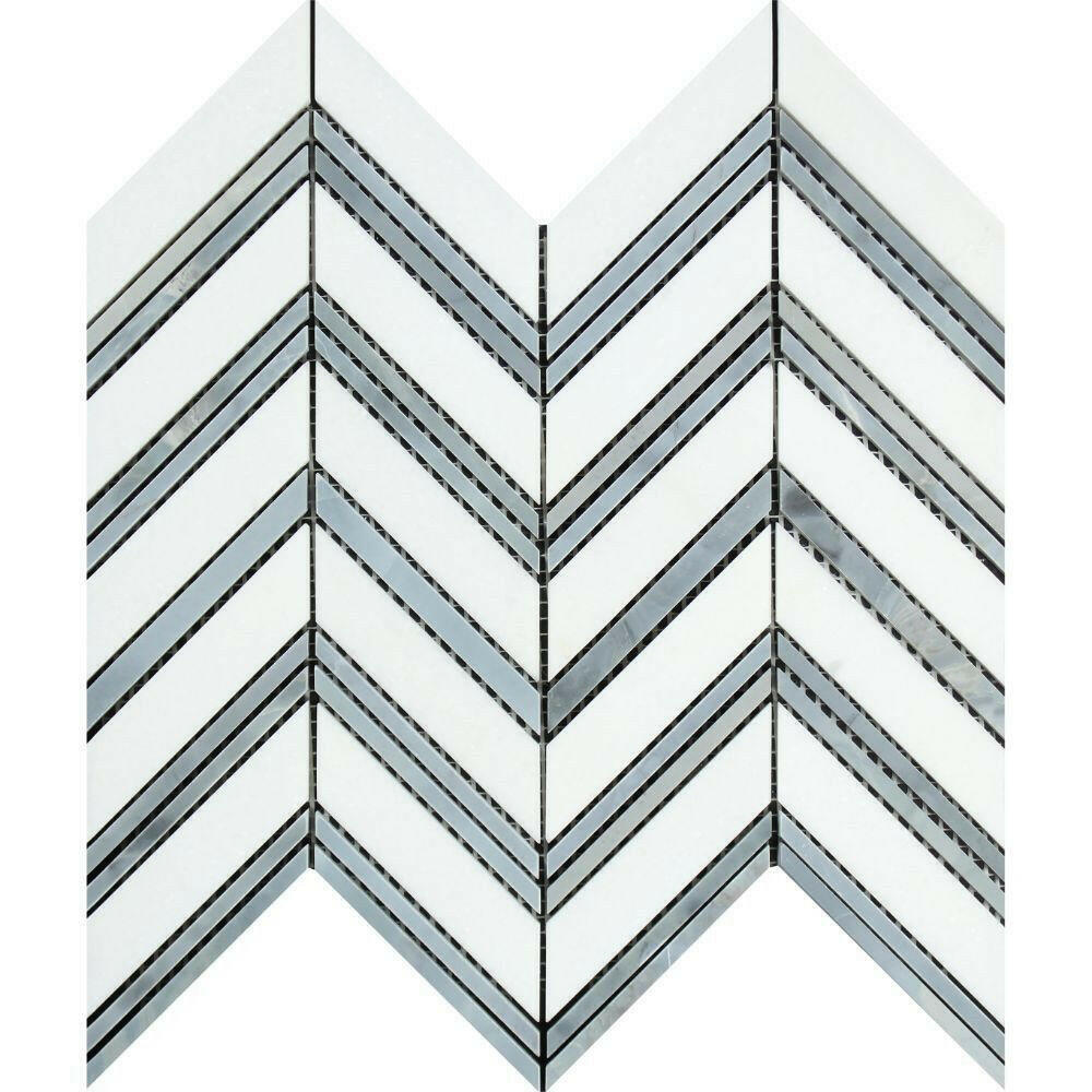 Thassos White Marble Honed Large Chevron Mosaic Tile w / Blue-Gray Dots Strips-American Tile Depot