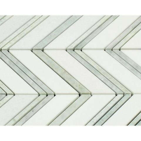 Thassos White Marble Honed Large Chevron Mosaic Tile w / Ming-Green Dots Strips-American Tile Depot