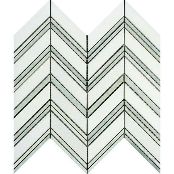 Thassos White Marble Honed Large Chevron Mosaic Tile w / Ming-Green Dots Strips-American Tile Depot