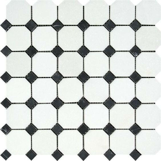 Thassos White Marble Honed Octagon Mosaic Tile w/ Black Dots-American Tile Depot