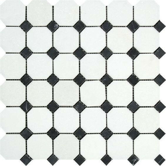 Thassos White Marble Honed Octagon Mosaic Tile w/ Black Dots-American Tile Depot