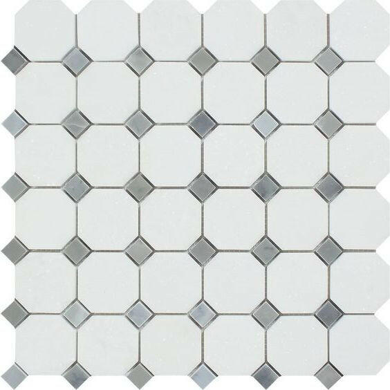 Thassos White Marble Honed Octagon Mosaic Tile w/ Blue Gray Dots-American Tile Depot