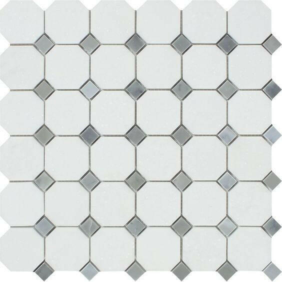 Thassos White Marble Honed Octagon Mosaic Tile w/ Blue Gray Dots-American Tile Depot