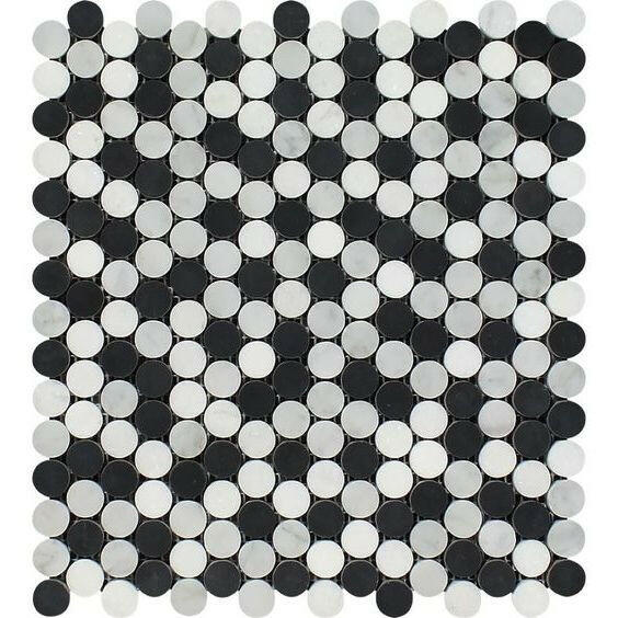 Thassos White Marble Honed Penny Round Mosaic Tile w/ Black Dots-American Tile Depot
