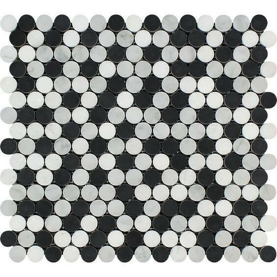 Thassos White Marble Honed Penny Round Mosaic Tile w/ Black Dots-American Tile Depot