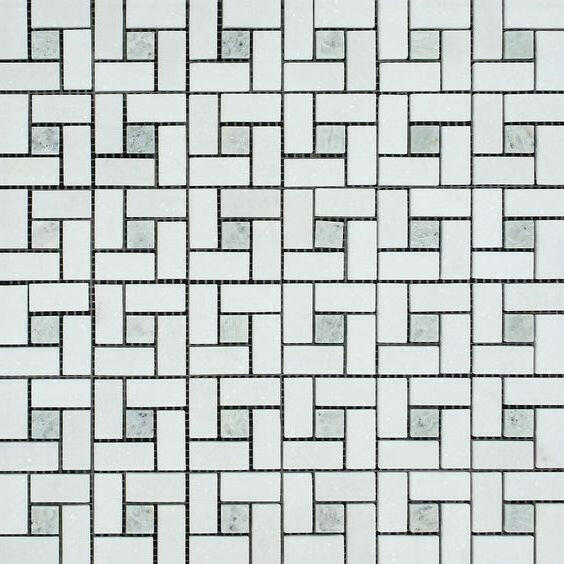 Thassos White Marble Honed Pinwheel Mosaic Tile w/ Ming-Green Dots-American Tile Depot