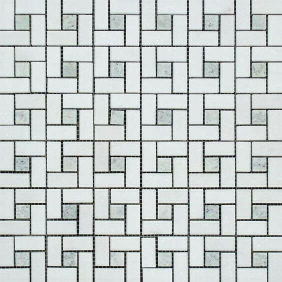 Thassos White Marble Honed Pinwheel Mosaic Tile w/ Ming-Green Dots-American Tile Depot