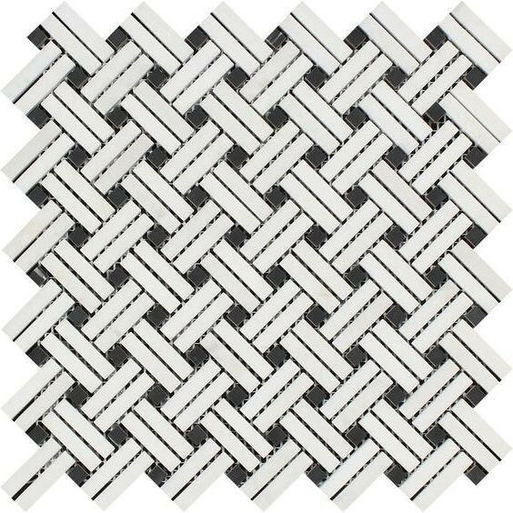 Thassos White Marble Honed Stanza Basketweave Mosaic Tile w/ Black Dots-American Tile Depot